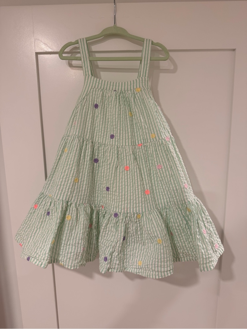 M&S Girls Green Seersucker Striped Embroidered Summer Dress Size 4-5